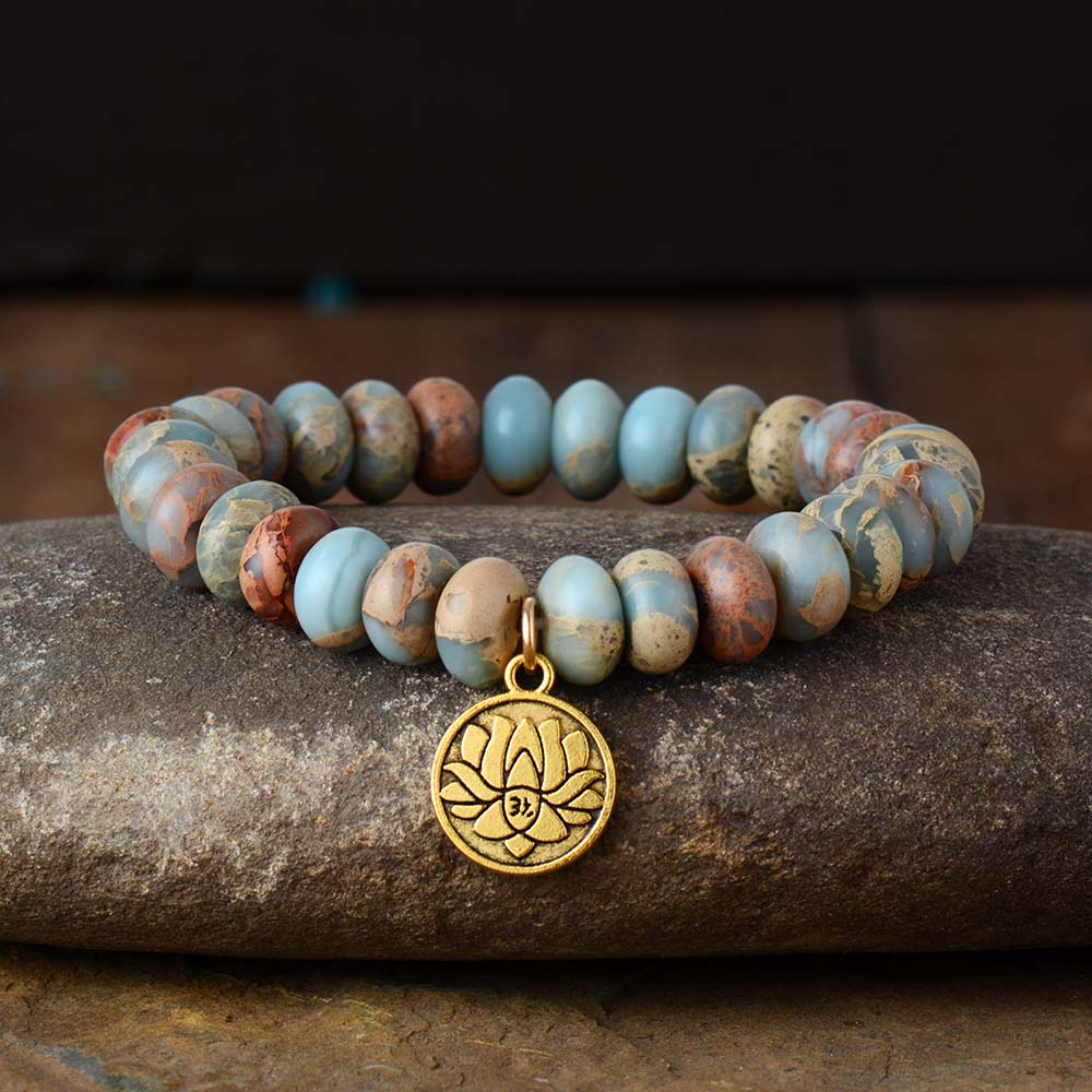 Natural Stone Stretchy Elastic Bracelet with Gold Lotus Charm - Women Size