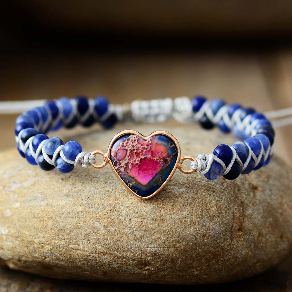 Natural Stone Heart Charm String Braided Macrame Bracelet - Sodalite