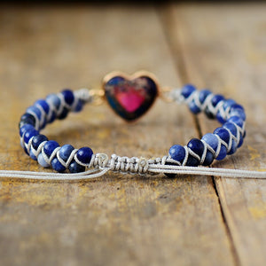 Natural Stone Heart Charm String Braided Macrame Bracelet - Sodalite